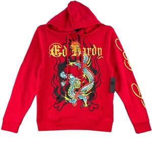 NEW Ed‎ Hardy Men's Dragon Tattoo Red Fleece Pullover Hoodie Sweatshirt Size XL